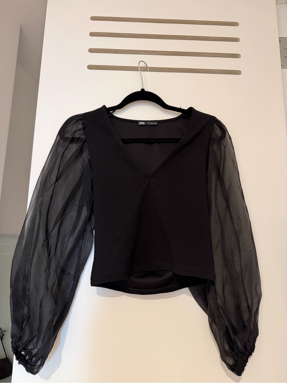 Zara Black V-Neck Top with Sheer Balloon Sleeves